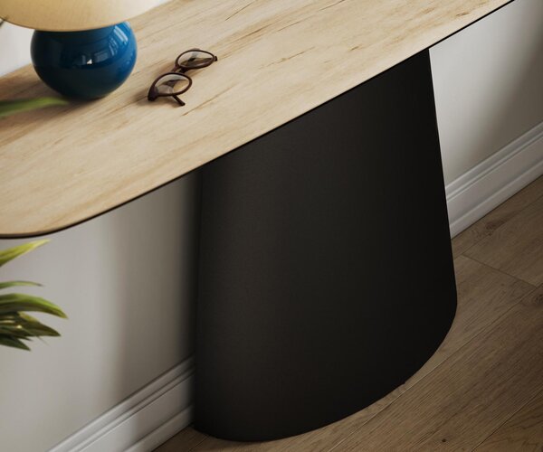 DELIFE Konzolasztal Edge hajóformájú 180x40 cm Laminam® Sabbia kerámia tölgyszínű Conos fekete fém
