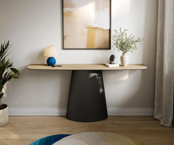 DELIFE Konzolasztal Edge hajóformájú 180x40 cm Laminam® Sabbia kerámia tölgyszínű Conos fekete fém