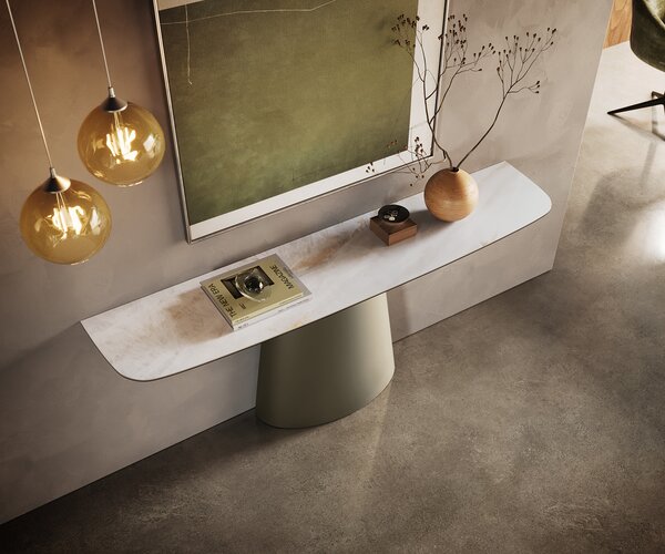 DELIFE Konzolasztal Edge hajóformájú 180x40 cm kerámia onyx pearl Conos fém titán színű effekt finish