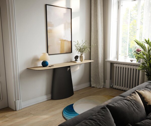 DELIFE Konzolasztal Edge hajóformájú 180x40 cm Laminam® Sabbia kerámia tölgyszínű Conos fekete fém