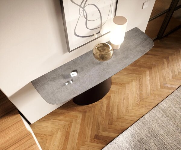DELIFE Konzolasztal Edge hajóformájú 140x40 cm kerámia beton szürke Conos fém fekete