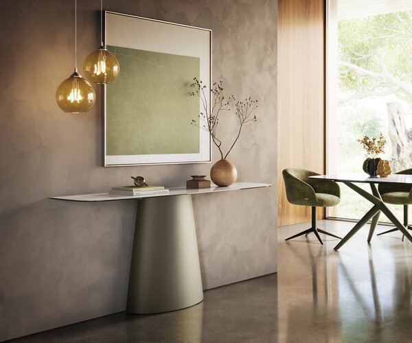 DELIFE Konzolasztal Edge hajóformájú 180x40 cm kerámia onyx pearl Conos fém titán színű effekt finish