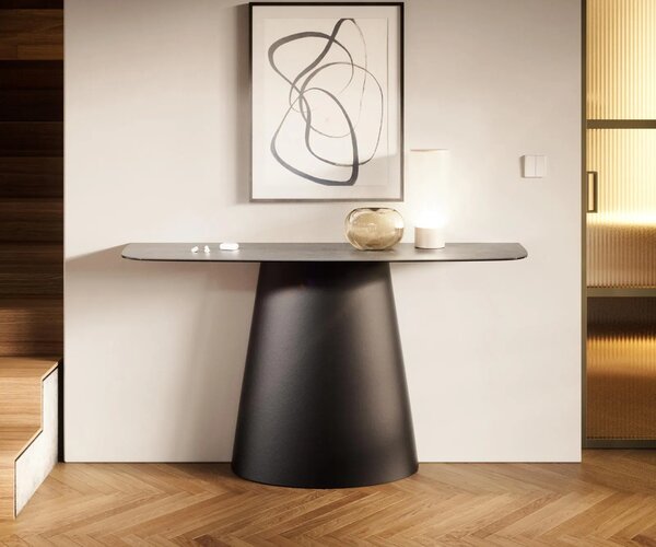 DELIFE Konzolasztal Edge hajóformájú 140x40 cm kerámia beton szürke Conos fém fekete