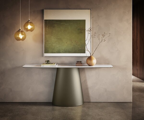 DELIFE Konzolasztal Edge hajóformájú 180x40 cm kerámia onyx pearl Conos fém titán színű effekt finish