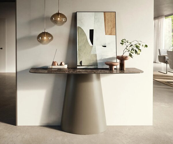 DELIFE Konzolasztal Edge hajóformájú 140x40 cm kerámia emperador extra polírozott sötétbarna kúpos fém titán színű hatású