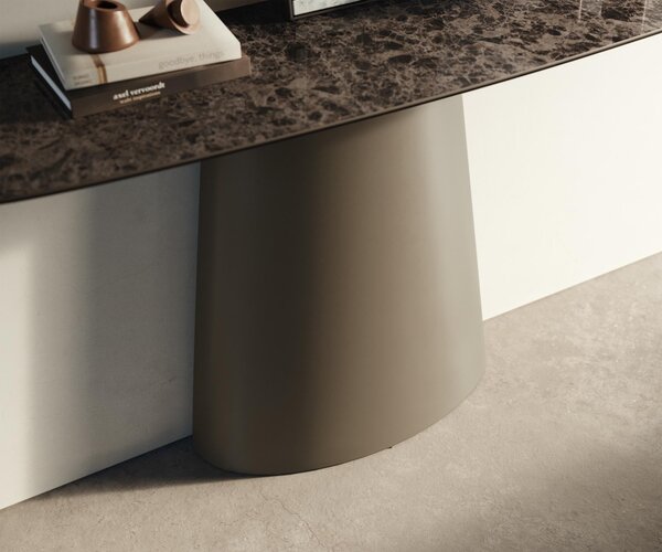 DELIFE Konzolasztal Edge hajóformájú 140x40 cm kerámia emperador extra polírozott sötétbarna kúpos fém titán színű hatású