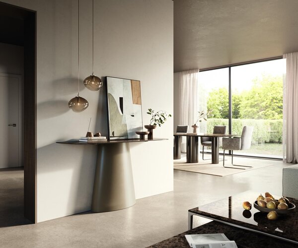 DELIFE Konzolasztal Edge hajóformájú 140x40 cm kerámia emperador extra polírozott sötétbarna kúpos fém titán színű hatású
