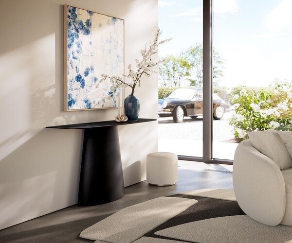 DELIFE Konzolasztal Edge hajóformájú 140x40 cm Laminam® Nero Greco kerámia antracit Conos fekete fém