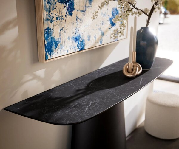 DELIFE Konzolasztal Edge hajóformájú 140x40 cm Laminam® Nero Greco kerámia antracit Conos fekete fém
