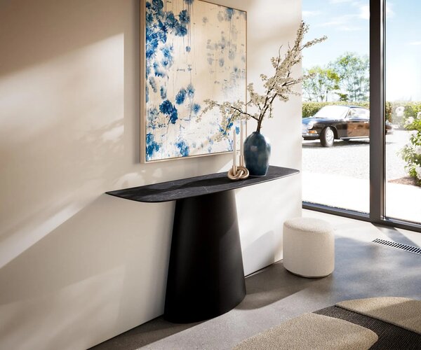 DELIFE Konzolasztal Edge hajóformájú 140x40 cm Laminam® Nero Greco kerámia antracit Conos fekete fém