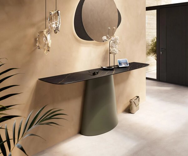 DELIFE Konzolasztal Edge hajóformájú 180x40 cm Laminam® kerámia Noir Desir barna Conos fém titán színű hatású