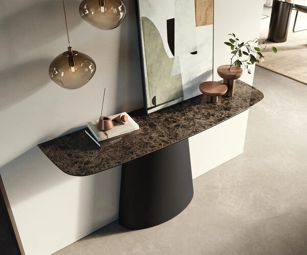 DELIFE Konzolasztal Edge hajóformájú 140x40 cm kerámia emperador extra polírozott sötétbarna kúpos fém fekete