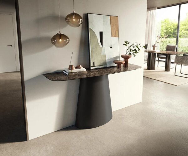 DELIFE Konzolasztal Edge hajóformájú 140x40 cm kerámia emperador extra polírozott sötétbarna kúpos fém fekete