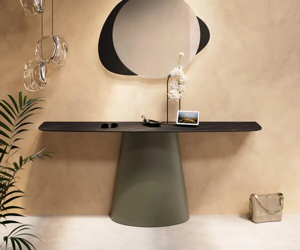 DELIFE Konzolasztal Edge hajóformájú 180x40 cm Laminam® kerámia Noir Desir barna Conos fém titán színű hatású