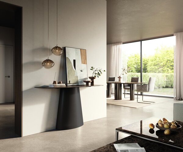 DELIFE Konzolasztal Edge hajóformájú 140x40 cm kerámia emperador extra polírozott sötétbarna kúpos fém fekete