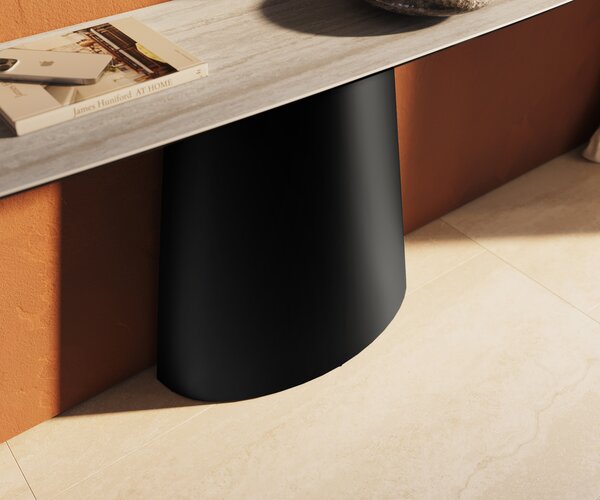 DELIFE Konzolasztal Edge hajóformájú 180x40 cm Laminam® Travertino Bianco krémfehér kerámia Conos fekete fém