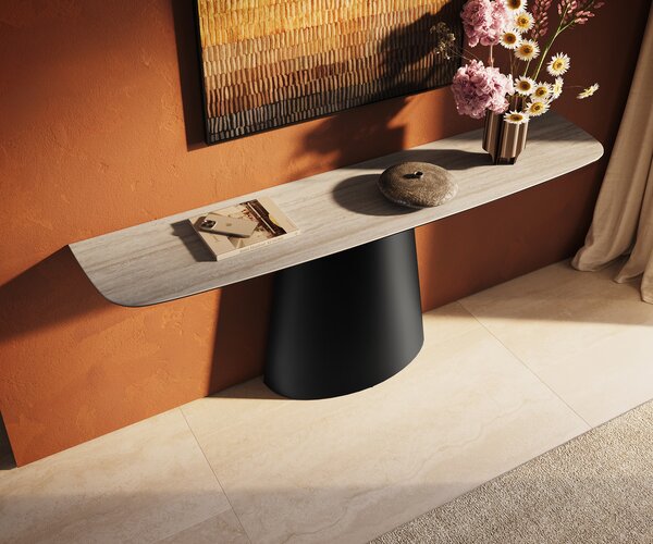 DELIFE Konzolasztal Edge hajóformájú 180x40 cm Laminam® Travertino Bianco krémfehér kerámia Conos fekete fém