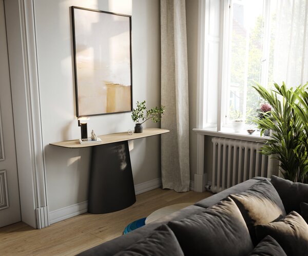 DELIFE Konzolasztal Edge hajóformájú 140x40 cm Laminam® Sabbia kerámia tölgyszínű Conos fém fekete