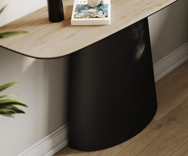 DELIFE Konzolasztal Edge hajóformájú 140x40 cm Laminam® Sabbia kerámia tölgyszínű Conos fém fekete