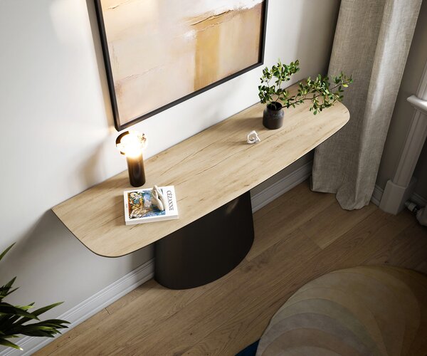 DELIFE Konzolasztal Edge hajóformájú 140x40 cm Laminam® Sabbia kerámia tölgyszínű Conos fém fekete