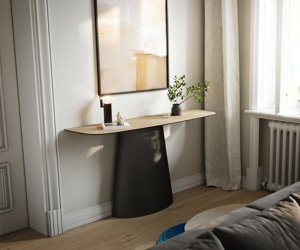 DELIFE Konzolasztal Edge hajóformájú 140x40 cm Laminam® Sabbia kerámia tölgyszínű Conos fém fekete
