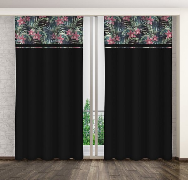 Eredeti fekete függöny színes virágcsíkkal Hossz: 250 cm