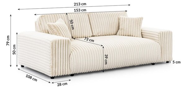 Krémszínű kordbársony kanapé 213 cm Justin – Ropez
