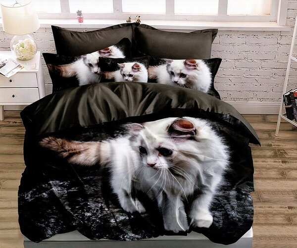 Elegáns fekete ágynemű fehér macska motívummal 3 rész: 1db 160 cmx200 + 2db 70 cmx80