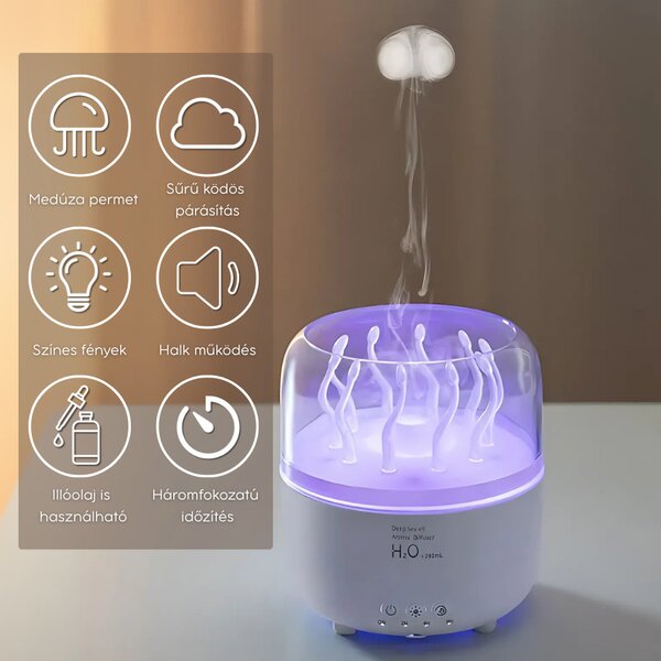 Színváltós Aroma Diffúzor 280 ml Forgó Medúza-hatással, Távirányítóval