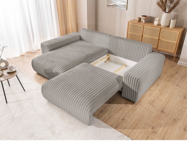 Világosszürke kordbársony kinyitható-tárolóhelyes sarokkanapé (bal oldali) Sarina – Ropez