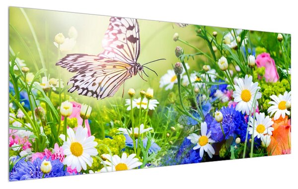 Nyári virágok és a lepke képe (120x50 cm)