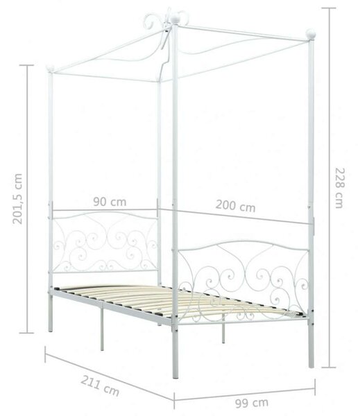 Fém Baldachinos Ágykeret - Fehér - 90x200 cm