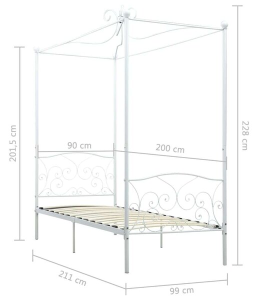 Fém Baldachinos Ágykeret - Fehér - 90x200 cm