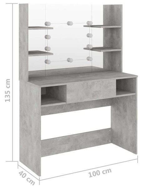 LED-es Sminkasztal - Beton Szürke - 100x40x135 cm