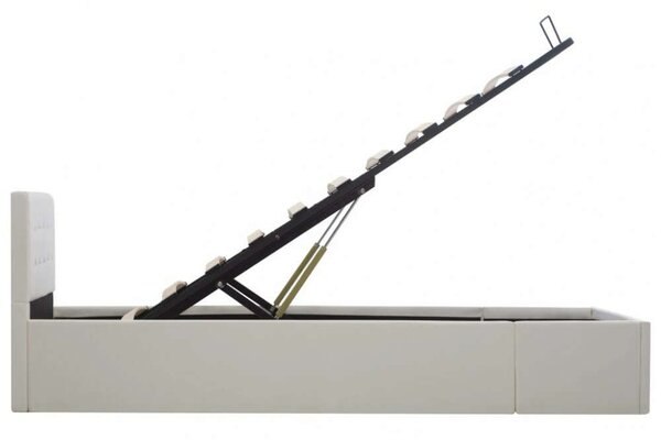 Fehér műbőr ágykeret hidraulikus ágyneműtartóval 90 x 200 cm