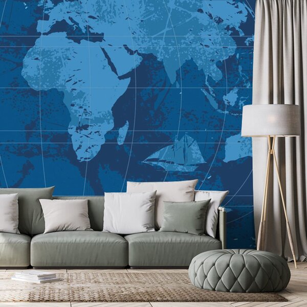 Öntapadó tapéta rusztikus világtérkép kék színben
