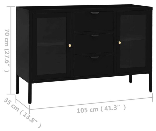 Fekete Acél Tálalószekrény - Üvegpolcos - 105x35x70 cm