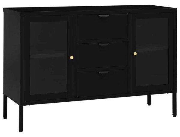 Fekete Acél Tálalószekrény - Üvegpolcos - 105x35x70 cm