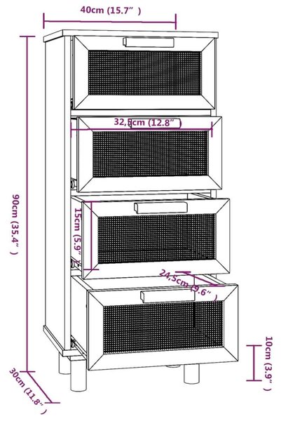 Rattan Fiókos Szekrény - Fehér Fenyő - 40x30x90 cm