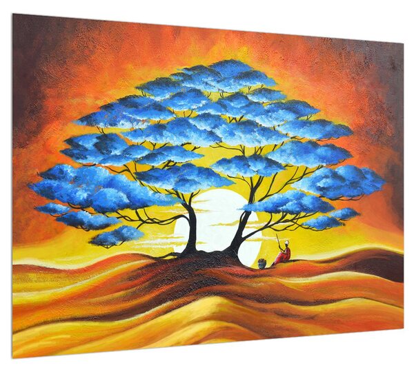 Orientáis kép - kék fa és a nap (70x50 cm)