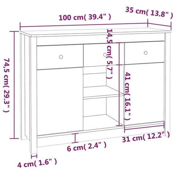 VIDAXL - Fekete Tömör Fenyőfa Tálalószekrény - 100x35x74,5cm