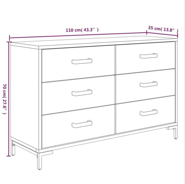 Rusztikus Fekete Tálalószekrény - 6 Fiók - 110x35x70cm