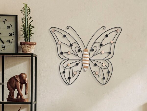 Fali dekoráció, pillangó, fém - fa, fekete - barna - PAPILLON