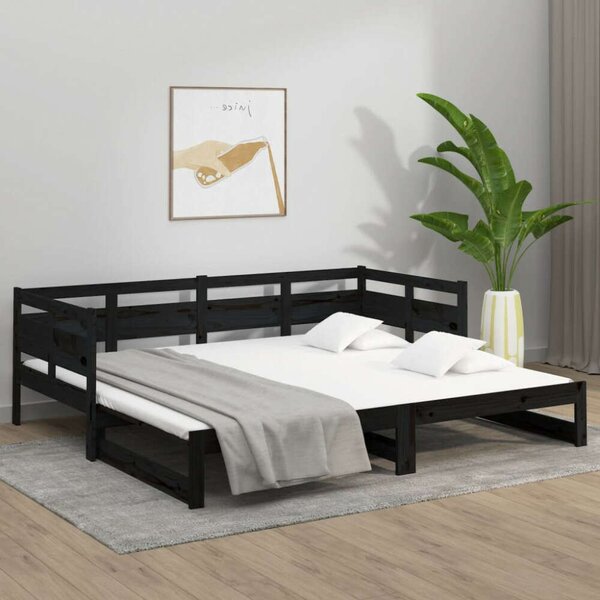 Fekete tömör fenyőfa kihúzható kanapéágy 2 x (80 x 200) cm