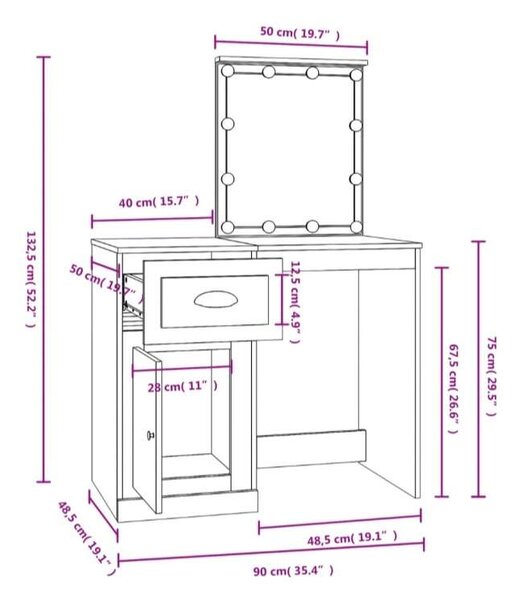 VidaXL Sminkasztal LED-del - Fa - 90x50x132,5cm