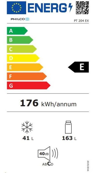 Philco PT 204 EX Felülfagyasztós hűtőszekrény 204L, M:143, LED világítás, E energiaosztály, Inox
