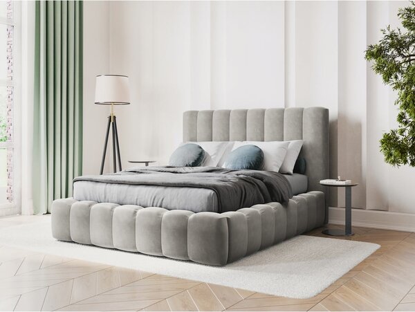 Világosszürke kárpitozott franciaágy tárolóhellyel, ágyráccsal 200x200 cm Kelp – Micadoni Home