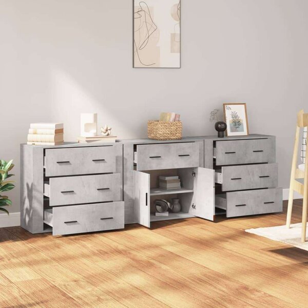 Modern Tálalószekrény - Betonszürke - Szerelt Fa - 3 részes