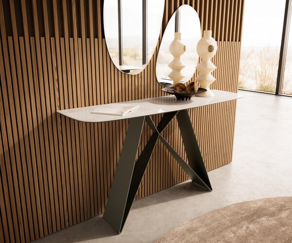 DELIFE Konzolasztal Edge hajóformájú 140x40 cm kerámia ónix pezsgő Velio fém titán színű effekt finish