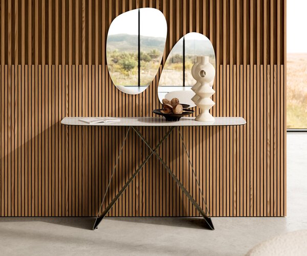DELIFE Konzolasztal Edge hajóformájú 140x40 cm kerámia ónix pezsgő Velio fém titán színű effekt finish